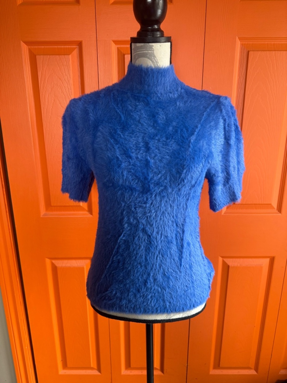 QED London Cobalt Blue Fuzzy Mock Neck Short Sleeve Sweater